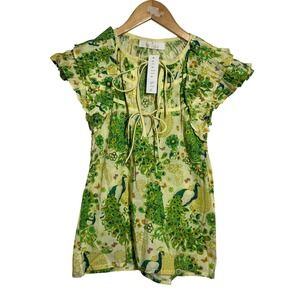 Bindu Stella Blu‎ Peacock Print Cotton Ruffle Sleeve Boho Blouse Green Yellow XS